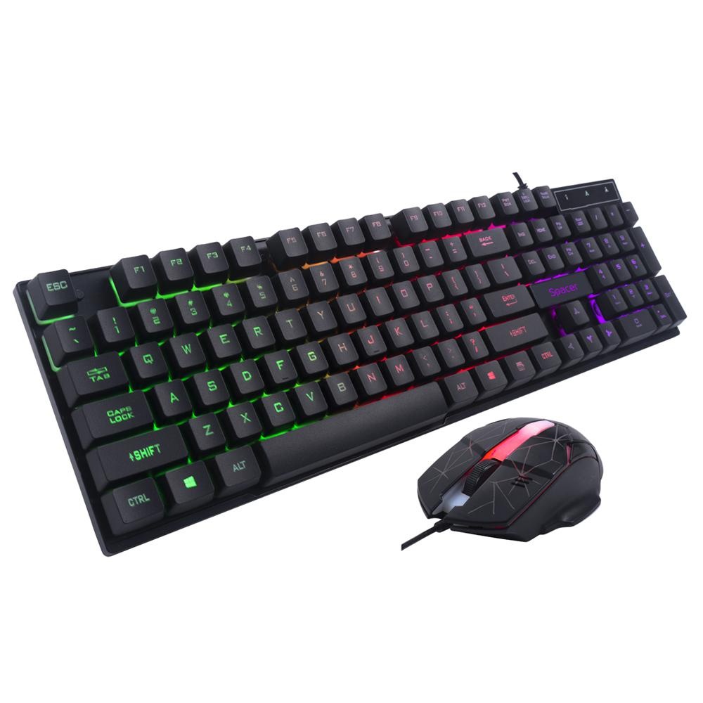 KIT Gaming Tastatura si Mouse Spacer SP-GK-01 cu fir, USB, tastatura RGB rainbow + mouse optic 7 culori, black - 1 | YEO