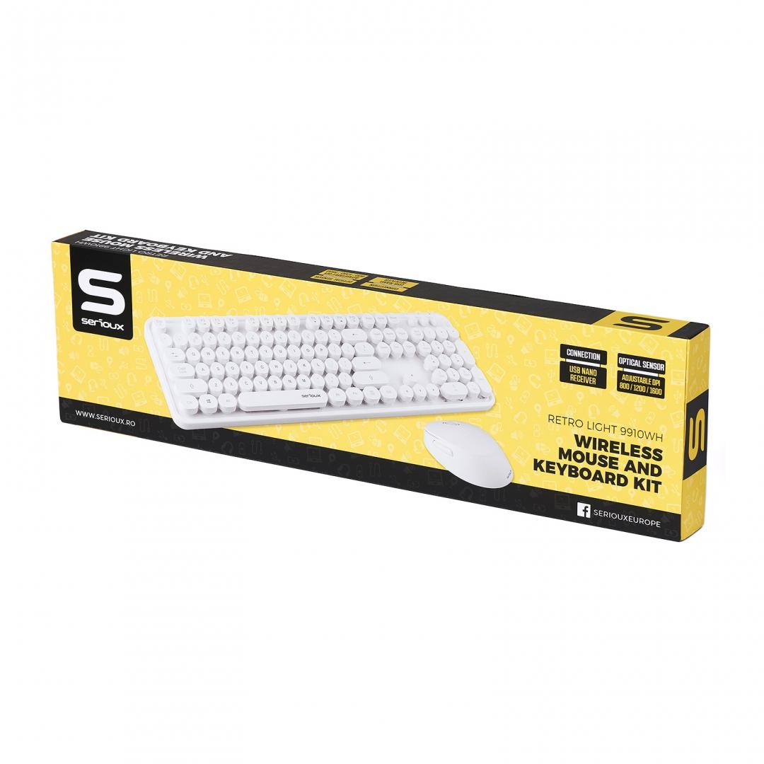 Kit tastatura + mouse Serioux Retro light 9910WH, wireless 2.4GHz, US layout, multimedia, mouse optic 800-1600dpi, USB, nano receiver, alb - 1 | YEO