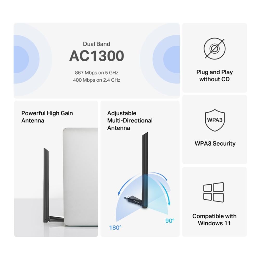 Mercusys Adaptor USB Dual Band High Gain AC1300, Standarde Wireless: IEEE 802.11 a/n/ac 5 GHz, IEEE 802.11 b/g/n 2.4 GH, Rata semnal: 5 GHz 867 Mbps, 2.4 GHz 400 Mbps, Interfata: USB 2.0, 1 antenă externă High Gain 5dBi. - 2 | YEO