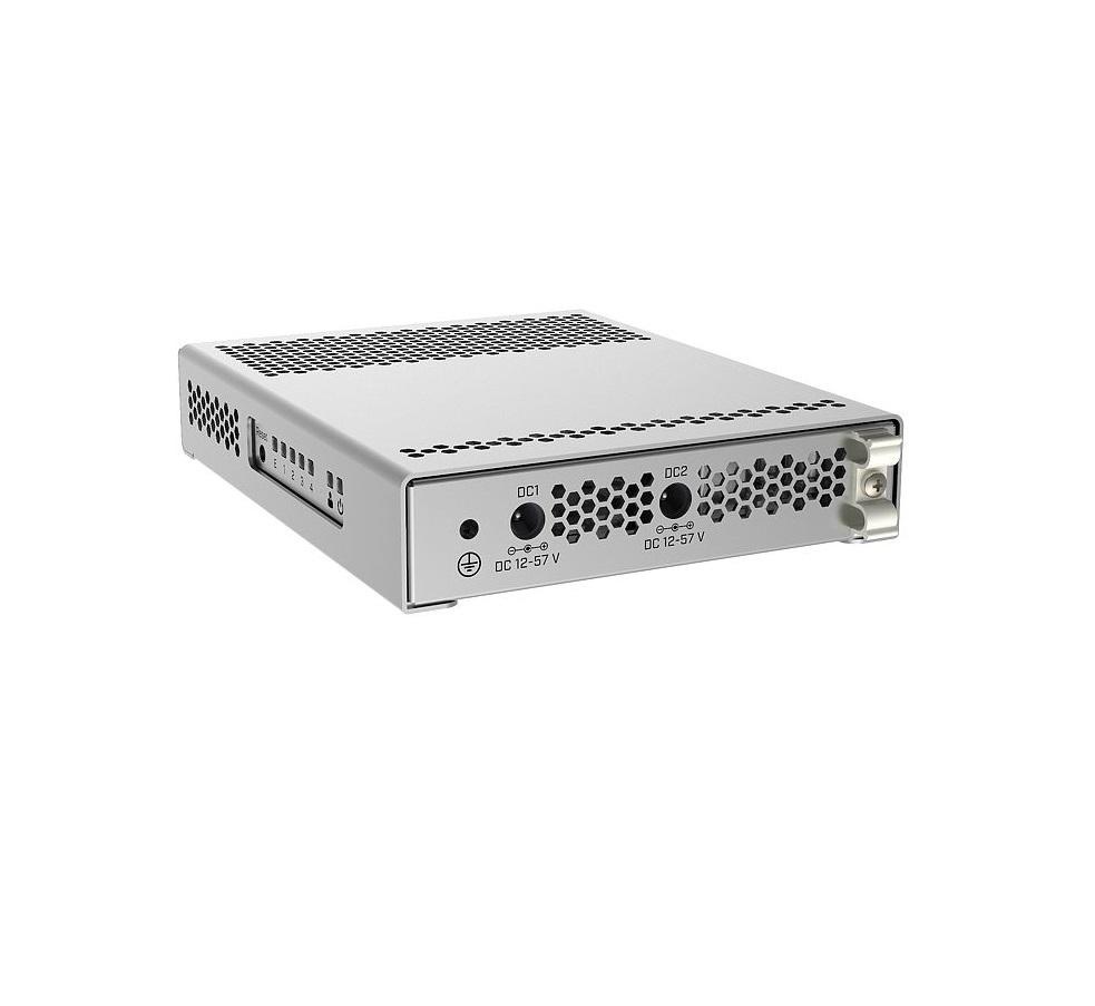 Mikrotik Cloud Router Switch, CRS305-1G-4S+IN; 4XSFP+, 1XGE, dual DCJacks, for high speed ring topology; Five-port desktop switch with oneGigabit Etherent port and four SFP+ 10Gbps ports; 1* CPU core count; CPUnominal frequency: 800 MHz; Size of RAM: 512