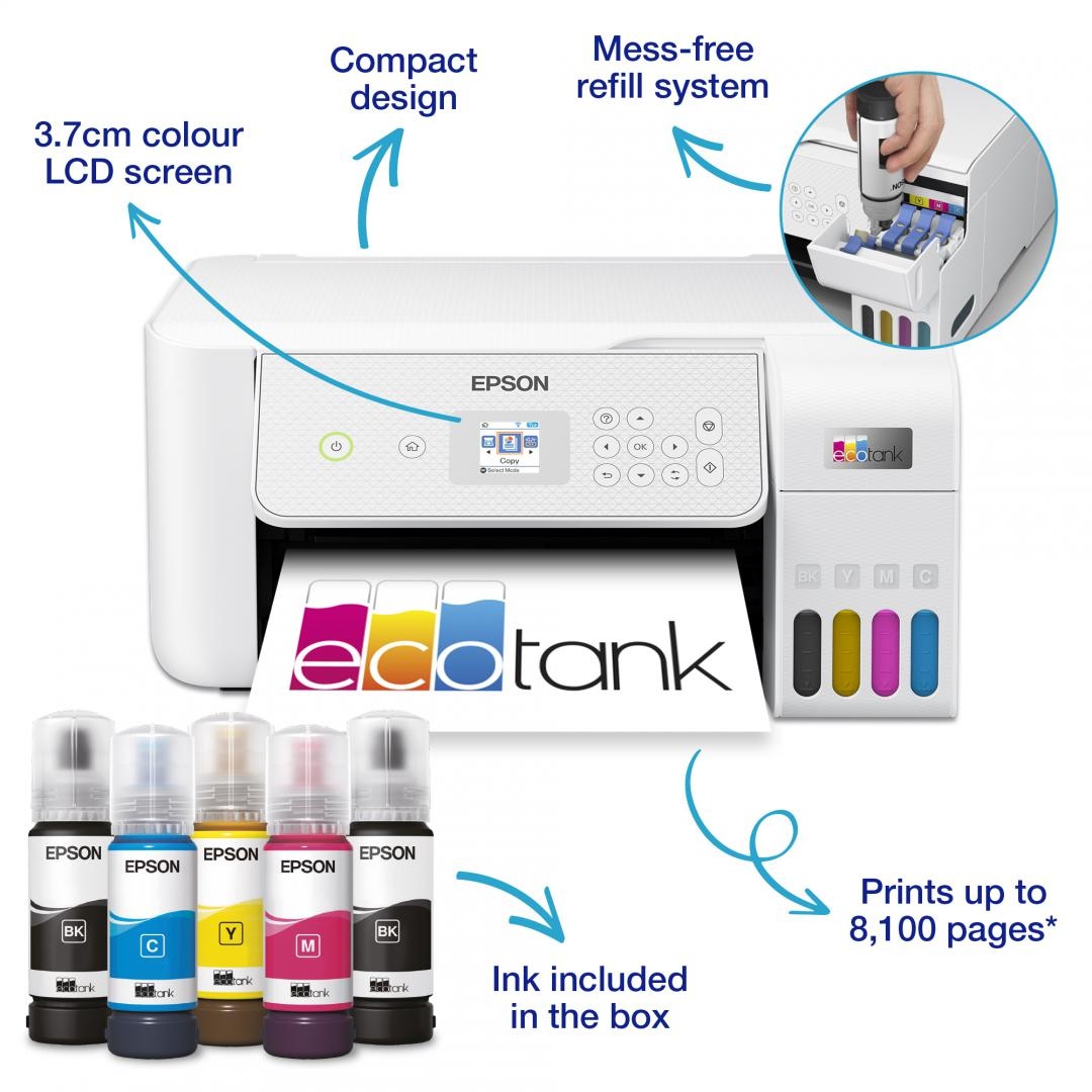 Multifunctional inkjet color Epson EcoTank CISS L3286,culoare alb, dimensiune A4 (Printare,Copiere, Scanare), printare borderless, viteza 33ppm alb- negru, 15ppm color, rezolutie 5760x1440 dpi, alimentare hartie 100 coli, scanner CIS rezolutie 1.200 x - 1 | YEO