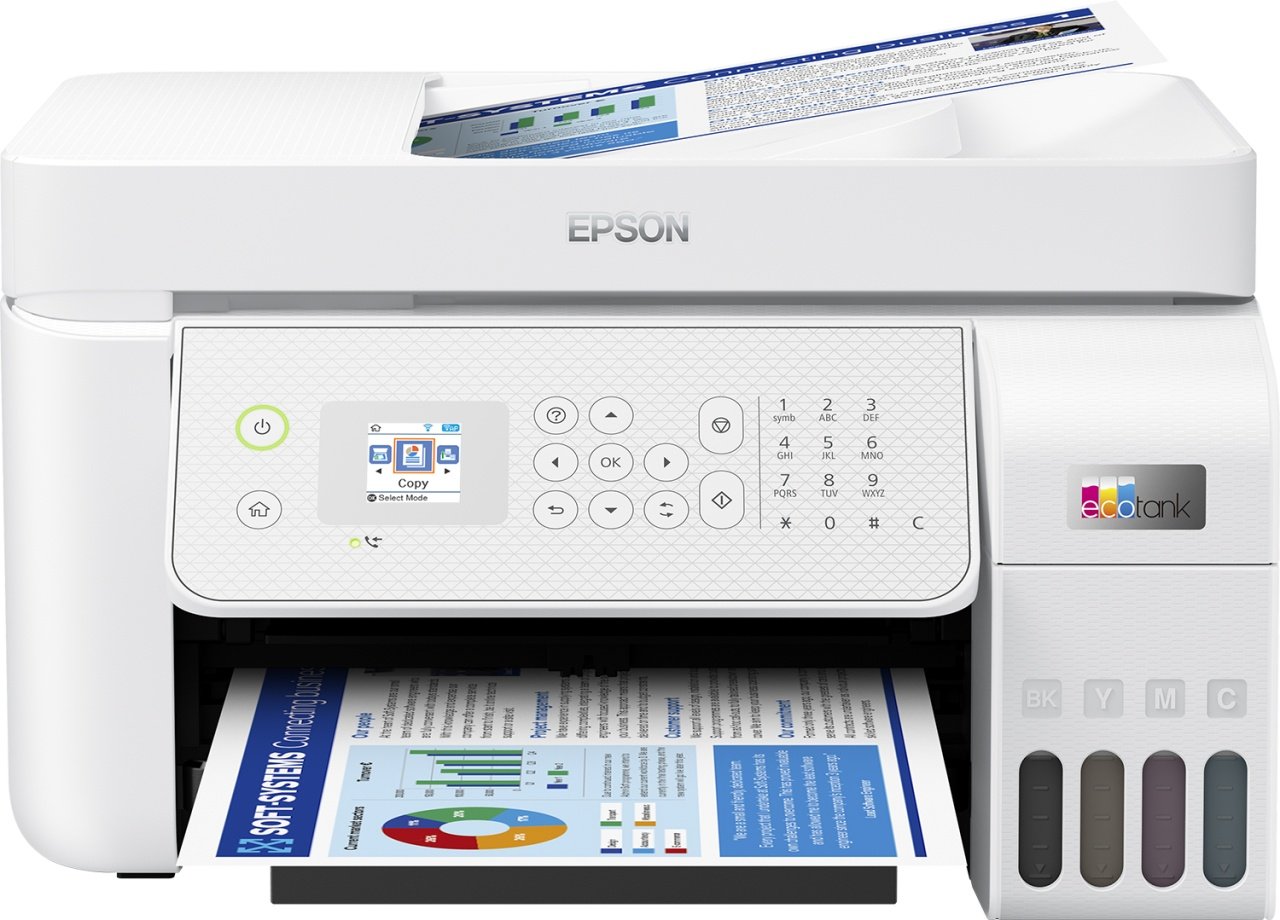 Multifunctional inkjet color Epson EcoTank CISS L5316, culoare: alb, dimensiune A4(Printare,Copiere, Scanare, Fax), printare borderless, viteza 33ppm alb-negru, 15ppm color, rezolutie 5760 x 1440 dpi, alimentare hartie 100 coli, ADF 30 coli, scanner CIS,