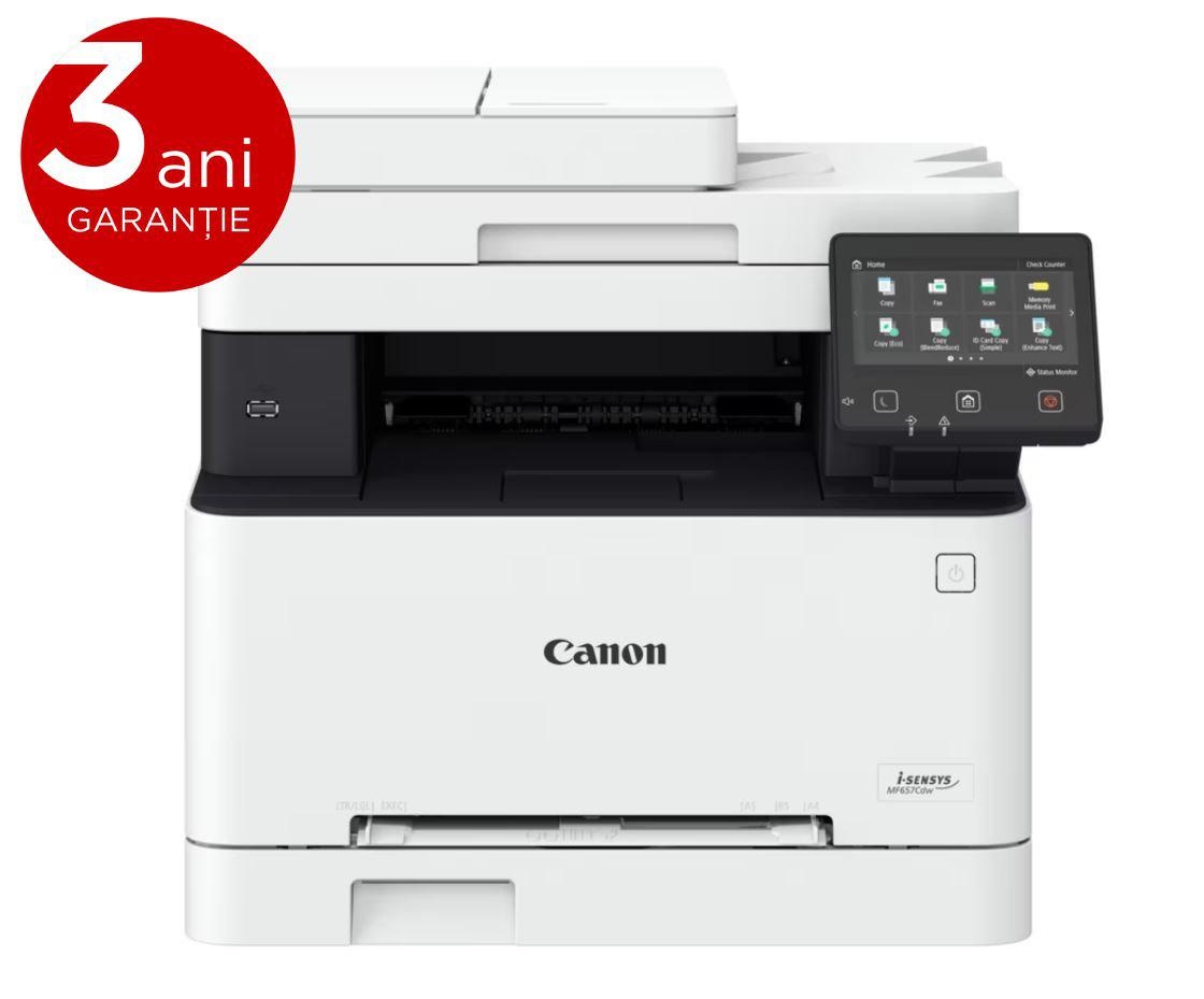 Multifunctional laser color Canon MF657Cdw, dimensiune A4 (Printare,Copiere, Scanare, Fax), viteza max 21ppm, duplex, rezolutie max1200x1200dpi, processor 800Mhz x 2, memorie 1 GB RAM, ADF 50 pagini ,alimentare cu hartie 250 coli, limbaj de printare: