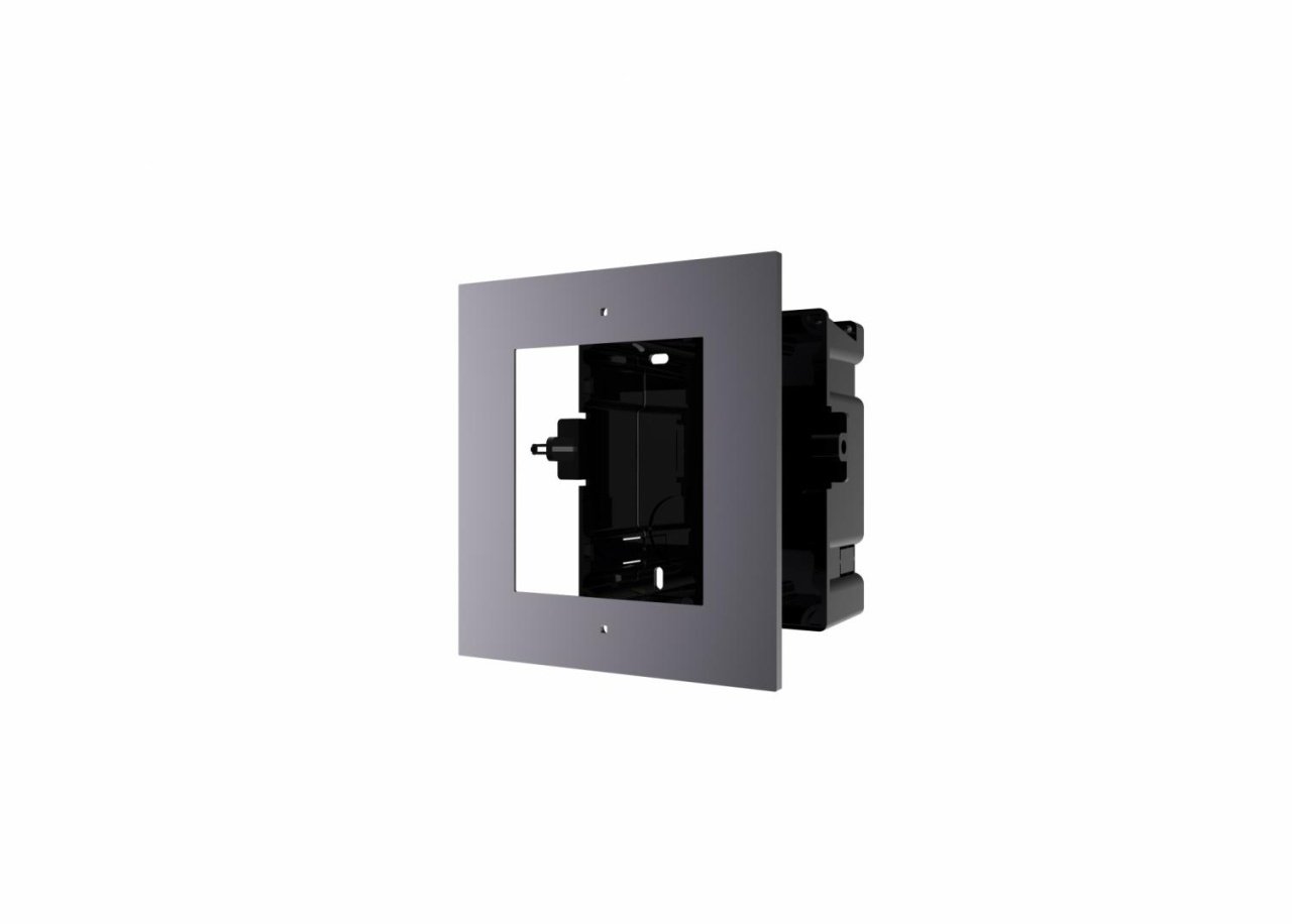 Panou frontal pentru un modul videointerfon modular Hikvision DS-KD-ACF1; montare incastrata; material aluminiu, doza de plastic inc lusa;dimensiuni: 134mm x 124mm × 4mm;