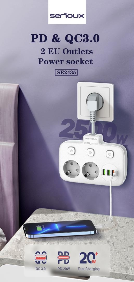 Prelungitor tip priza cu protectie Serioux Quick Charge 3.0, parametri nominali: 2500W-10A(Max) 250V, Intrare: AC100-250V 10A 50/60HZ , Ieșire PD: 5V=3A 9V=2.22A 12V=1.67A 20W (MAX), Ieșire QC: 5V-3A 9V=2A 12V=1.5A 18W (MAX) , Ieșire Auto-ID: 5V-2.4A - 2 | YEO