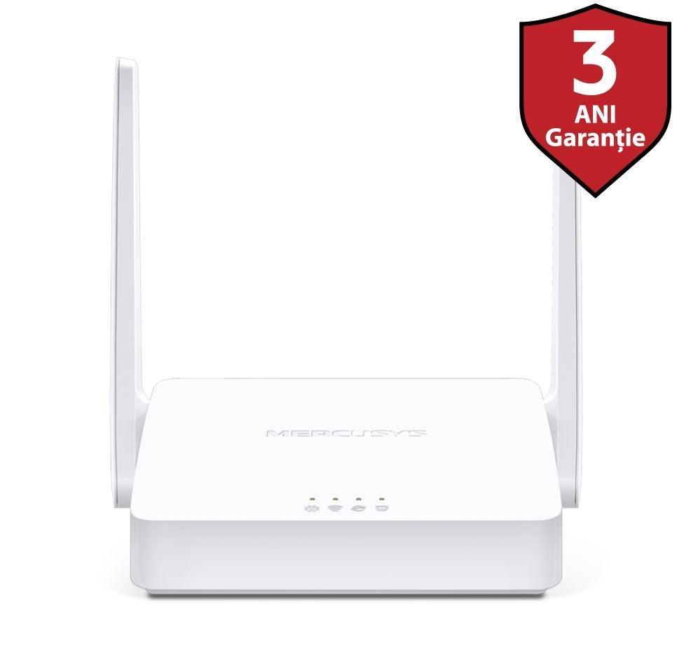 Router Wireless Mercusys N 300 Mbps, MW301R; Standarde Wireless: IEEE 802.11n, IEEE 802.11g, IEEE 802.11b, Frecventa: 2.4 - 2.4835GHz, Rata semnal: 11n: Up to 300Mbp, 11g: Up to 54Mbps, 11b: Up to 11Mbps, Interfata: 2 10/100Mbps LAN, 1 10/100Mbps WAN,