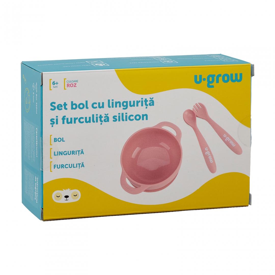 Set bol cu lingurita si furculita silicon, roz, U-Grow - 2 | YEO