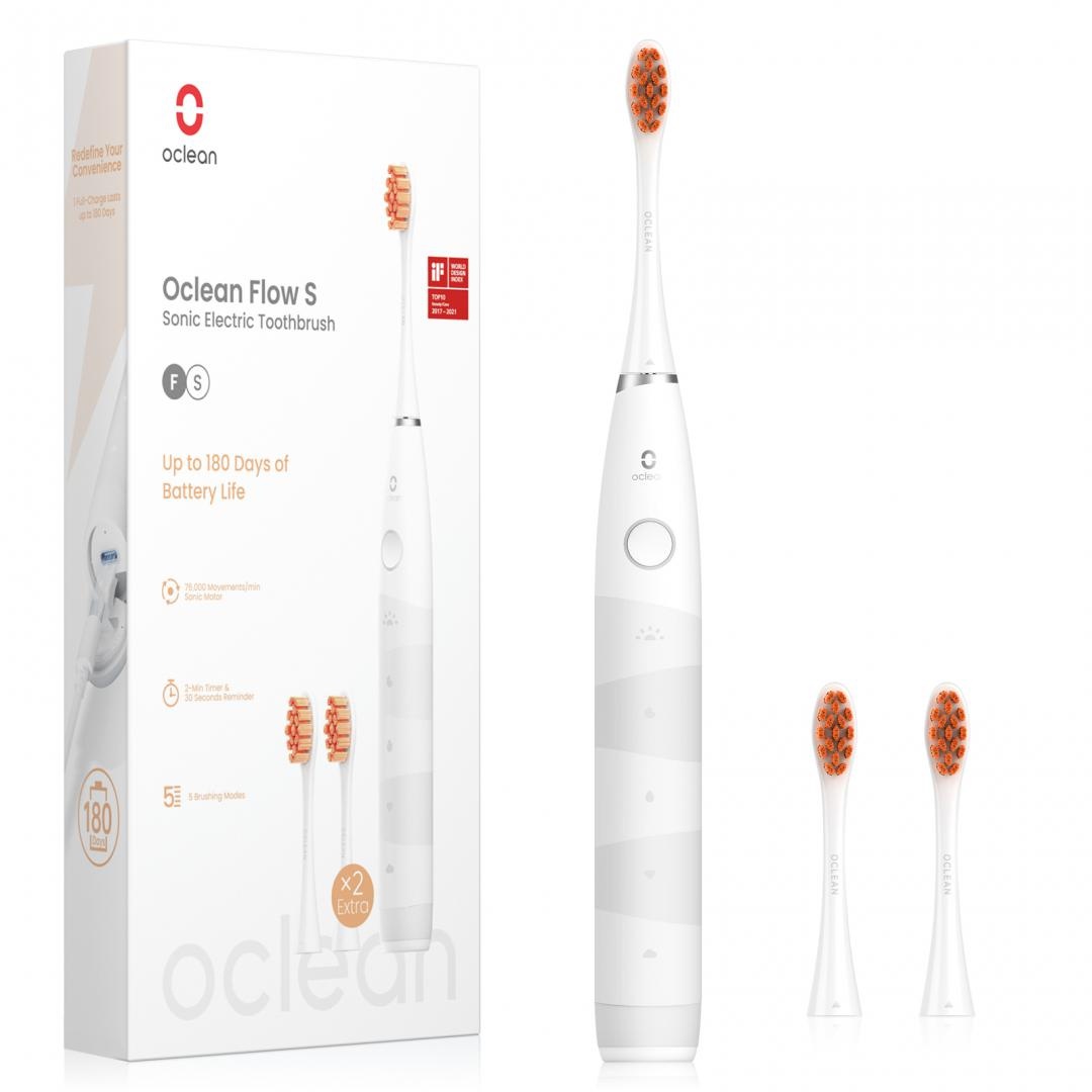 Set periuta + 2 rezerve Oclean Flow S White: Maner periuta x 1, Capat periuta Professional Clean x 3, Cablu Tip-C x 1