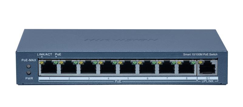 Switch 8 porturi POE Hikvision DS-3E1309P-EI(B), Smart Managed, 8 × 10/100M PoE ports,1 × Gigabit RJ45 port, PoE power budget 110W, maxim 30W per port, distanta transmisie 300 metri in modul extended, Switching capacity 3.6 Gbps, Packet forwarding 2.68