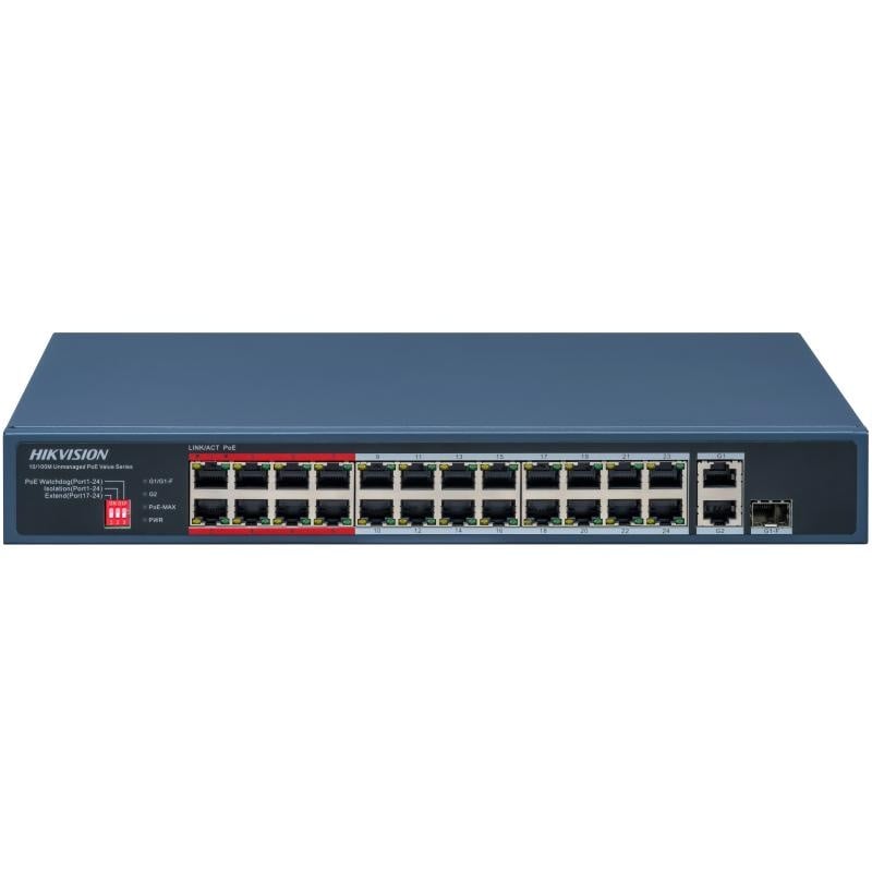 Switch Hikvision DS-3E0326P-E/M(C); 24 Port Fast Ethernet Unmanaged POE Switch Intelligent PoE Management When the power supply exceeds the limit, PoE ports intelligently manage the power supply, which extends the switch lifetime. Up to 300 m Long Range