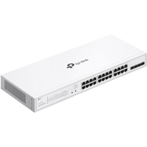 Switch TP-Link cu 28 de porturi, 24× Gigabit 802.3af/at PoE+ ports si 4× Gigabit SFP slots, capacitate switch 56 Gbps, dimensiuni 17.3×8.7×1.73 in (440×220×44 mm)