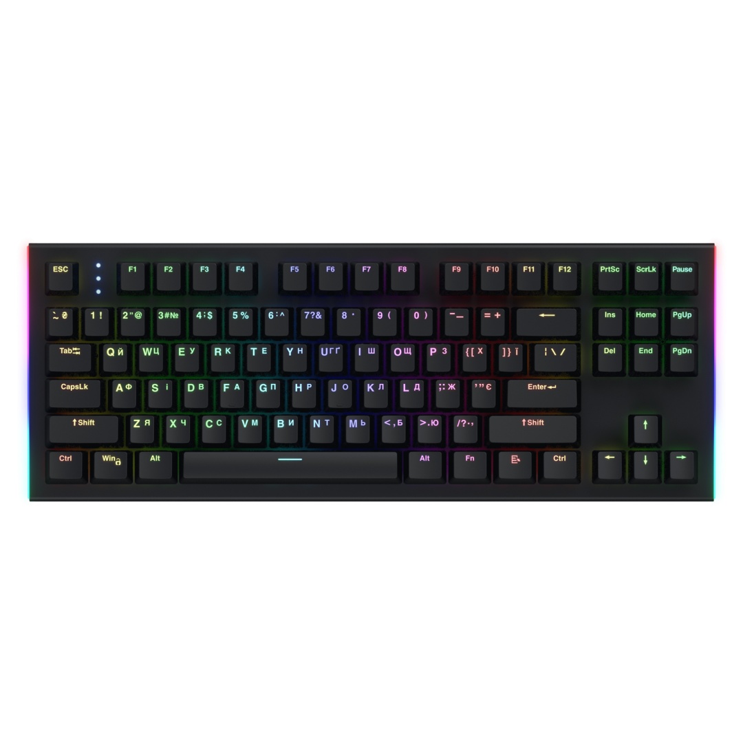 Tastatura mecanica cu fir Hator Gravity X TKL conectivitate USB, polling rate 1000Hz, iluminare RGB cu functia de a customiza fiecare tasta individual, tip switch HATOR Aurum Orange Linear rev.2.0, durata de viata switch 70M de clickuri, material taste - 3 | YEO