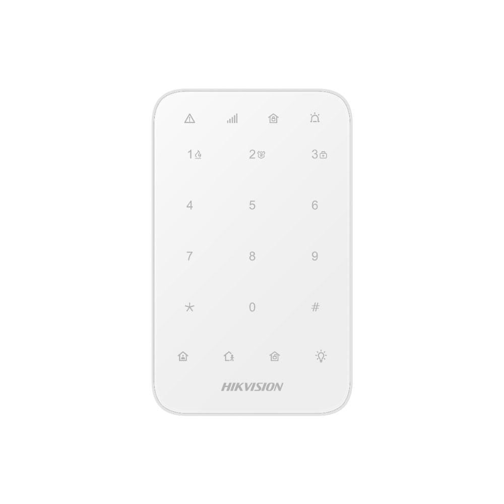 Tastatura wireless AX PRO Hikvision DS-PK1-E-WE, 868MHz two-way Tri-X wireless technology; distanta comunicare RF : 1200min camp deschis; Stay/away arming, disarming, alarm clearing for anumite zone sau pentru toate zonele; One-Push fire alarm, panic