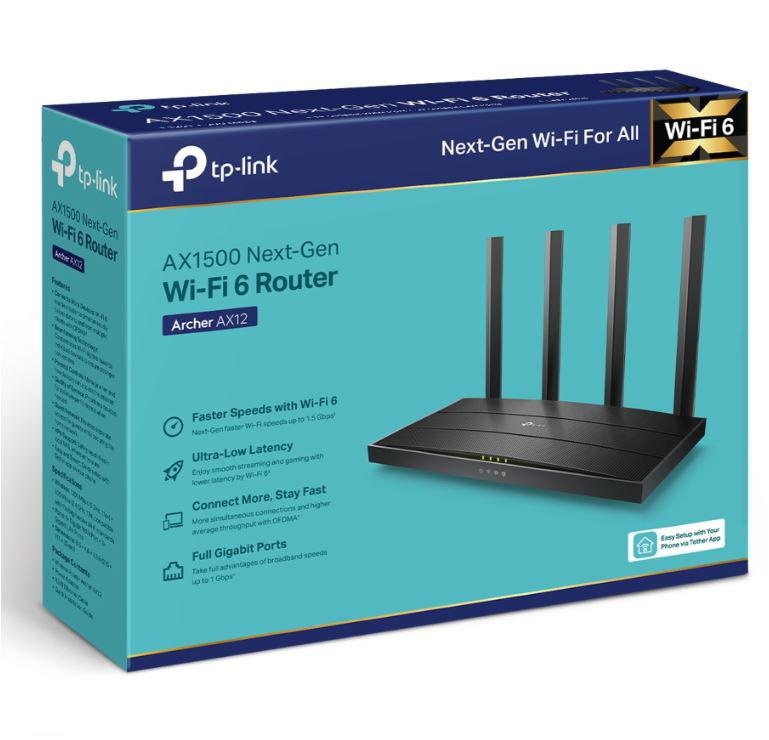 TP-LINK Wireless Router AX1500 WI-FI6, DUAL-BAND, ARCHER AX12; Standarde wireless: IEEE 802.11ax/ac/n/a 5 GHz, IEEE 802.11n/b/g 2.4 GHz, viteze wireless: 5 GHz: 1201 Mbps (802.11ax) 2.4 GHz: 300 Mbps (802.11n), 4 x antene fixe, mod router, mod access - 3 | YEO