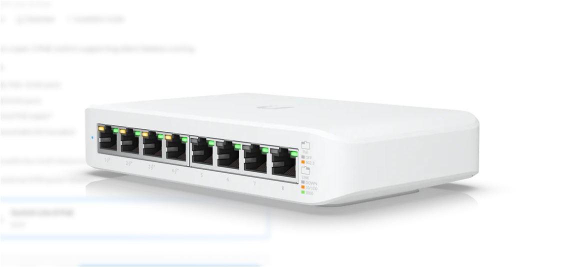 Ubiquiti UniFi 8 port switch, USW-LITE-8-POE, 8 x 10/100/1000 Mbe RJ 45 ports, 4 x POE, 8 Gbps, buget POE: 52W, SMB layer 2 PoE GbE switch, dimensiuni: 99.6 x 163.7 x 31.7 mm.