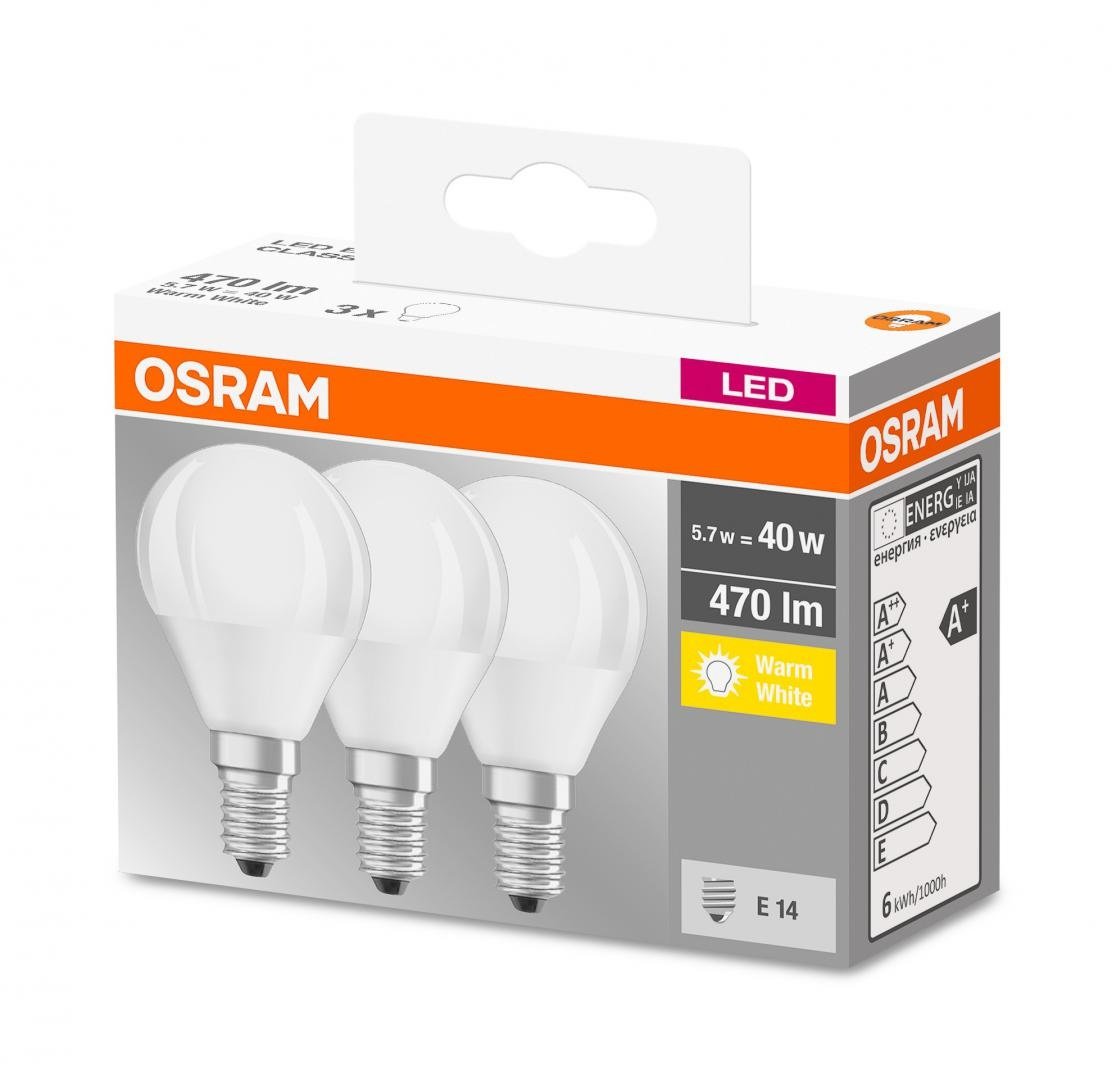 3 Becuri LED Osram Base Classic B, E14, 4.9W (40W), 470 lm, luminacalda(2700K)