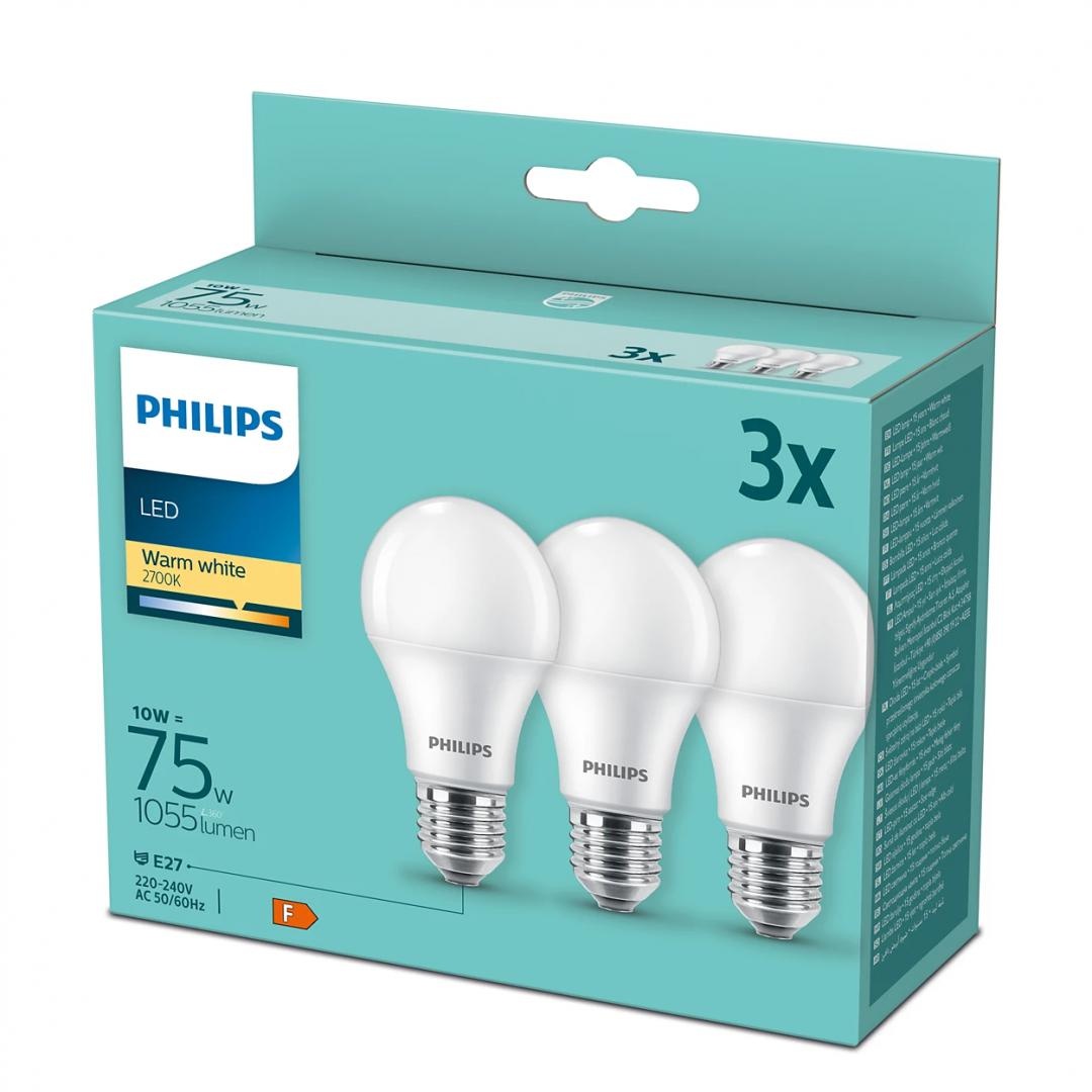 3 Becuri LED Philips A60, E27, 10W (75W), 1055 lm, lumina calda (2700K) ,mat