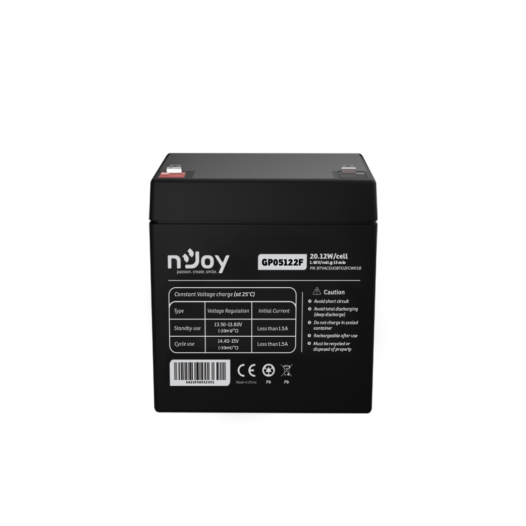 Acumulator nJoy GP05122F 12V 23.51W/cell Battery Model GP07122F Voltage 12V Power (1,65V/cell@15 min) 23.51W/cell Type VRLA - maintanance free Designed Floating Life 3~5 years Nominal Operating Temp. Range 25o C ± 3o C Terminal F2 terminal -Faston Tab