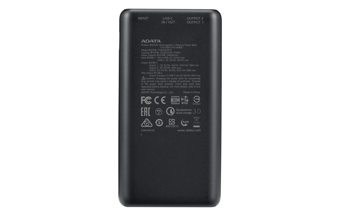 Baterie portabila Adata AP20000, 20000mAh, 2x USB, 1x USB-C,Power Delivery, Quick Charge - 2 | YEO