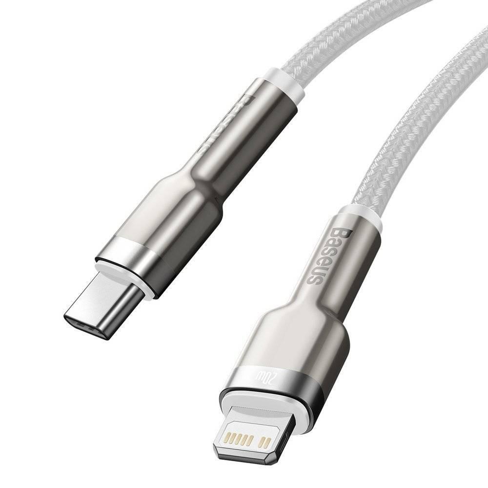 CABLU alimentare si date Baseus Cafule Metal, Fast Charging Data Cable pt. smartphone, USB Type-C la Lightning Iphone PD 20W, brodat, 1m, alb - 2 | YEO