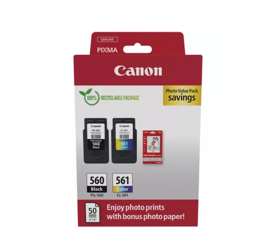 Canon pachet cartuse cearneala PG-560/CL561 PHOTO VALUE PACK, capacitate negru: 180 pagini/8.3ml, Color: 180 pagini / 7.5ml, Compatibil cu: PIXMA TS5253, PIXMA TS5350, PIXMA TS5351, PIXMA TS5352, Bonus 50 coli hartie foto 10 x 15cm.