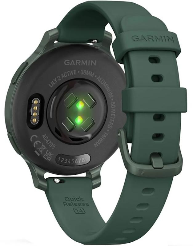 Ceas Garmin Lily 2 Active, display AMOLED, dimensiune afisaj 25,4 mm x 21,3 mm,rezolutie afisaj 240 x 201 pixeli, memorie 8GB, autonomie pana la 9 zile, rezistanta la apa pana la 5 ATM, greutate: 24,4g, ramă Jasper Green şi curea Jasper Green din silicon - 1 | YEO