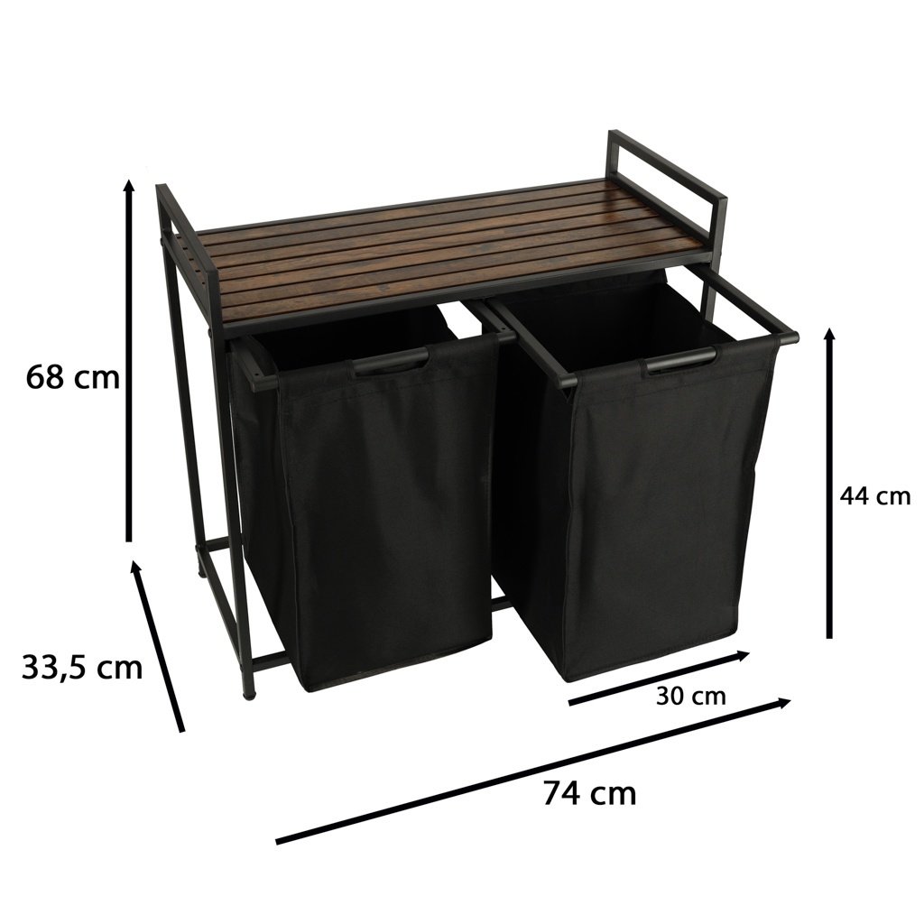 Cos mare de rufe cu doua compartimente, cu raft si blat din lemn, model LOFT, culoare neagra - 2 | YEO