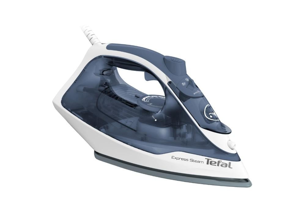 Fier de calcat Tefal Express Steam FV2837E0, 2400W, jet de abur 165 g/min, abur variabil 0-35 g/min, 270 ml, talpa Cerilium, alb/albastru