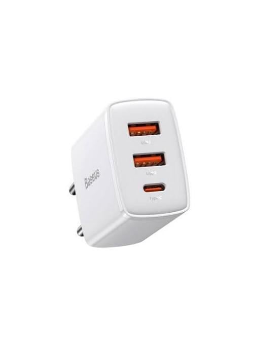 INCARCATOR retea Baseus Compact, Quick Charge 30W, 2 x USB 5V/3A, 1 x USB Type-C 5V/3A, alb