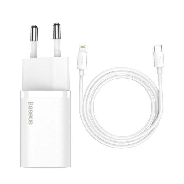 Incarcator retea Baseus Super Si, Quick Charge 20W, 1 x USB Type-C 5V/3Amax, include cablu USB Type-C la Lightning Iphone 1m, alb - 1 | YEO