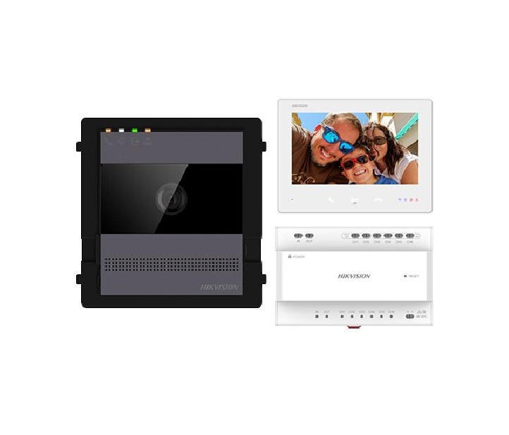 Kit videointercom IP Hikvision DS-KIS704EY/AL; kit-ul contine: 1x DS- KH7300EY-WTE2/WH, 1x DS-KD-ACW1, 1x DS-KD7003EY-IME2/AL, 1x DS- KSD7040EY, 1x 36W DIN RAIL PSU, 1x 32GB TF CARD, caracteristici post exterior: 2MP HD camera, IR, WDR, microfon inclus,