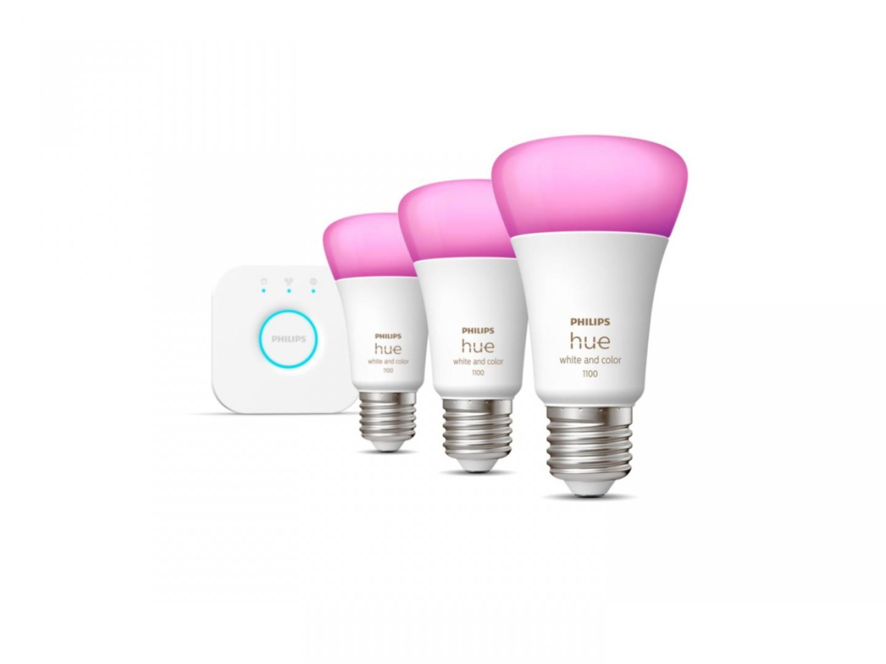 Pachet 3 Becuri LED RGB inteligente Philips Hue A60, Bluetooth, E27, 9W (75W), 1100 lm, lumina alba si color (2000-6500K) + Consola Hue Bridge - 1 | YEO