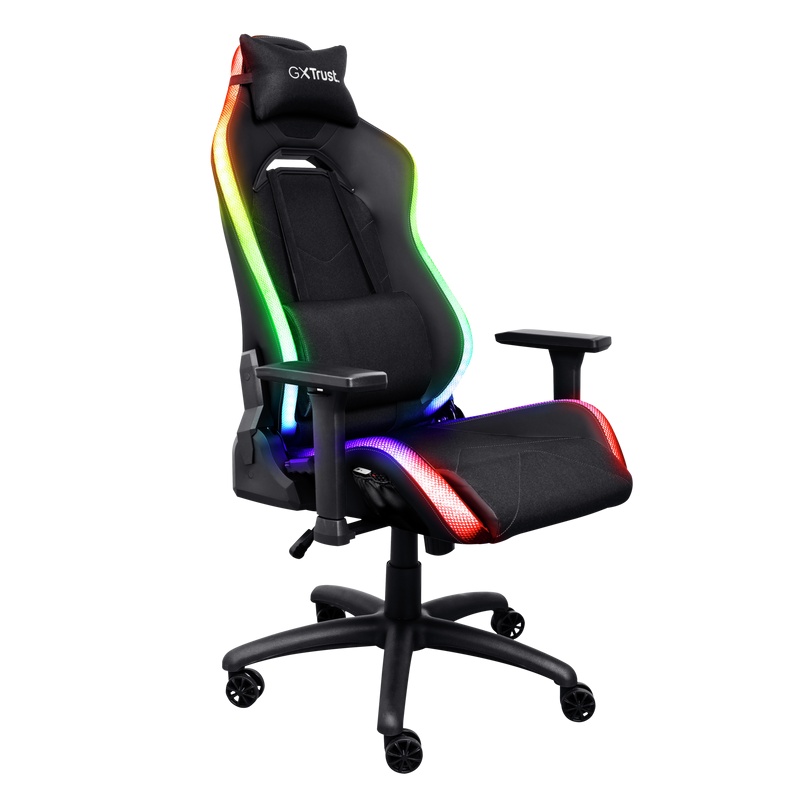 Scaun gaming Trust GXT 719 Ruya, iluminare RGB, 5 roti, ridicare pe gaz clasa 4, adjustabil pe inaltime, material piele PU si plastic, greutate maxima suportata 150 kg, negru