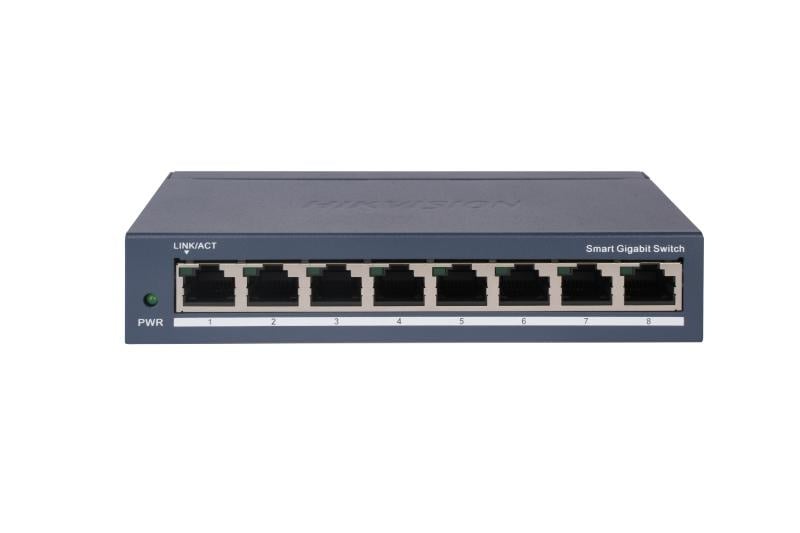 Switch 8 porturi Gigabit Hikvision DS-3E1508-EI(V2), L2, Smart Managed, 8 ×gigabit RJ45 porturi, switching capacity 16 Gbps, network topology management, alarm push, network health monitor, material metal, dimensiuni: 170 mm × 27.6 mm × 93.1 mm,