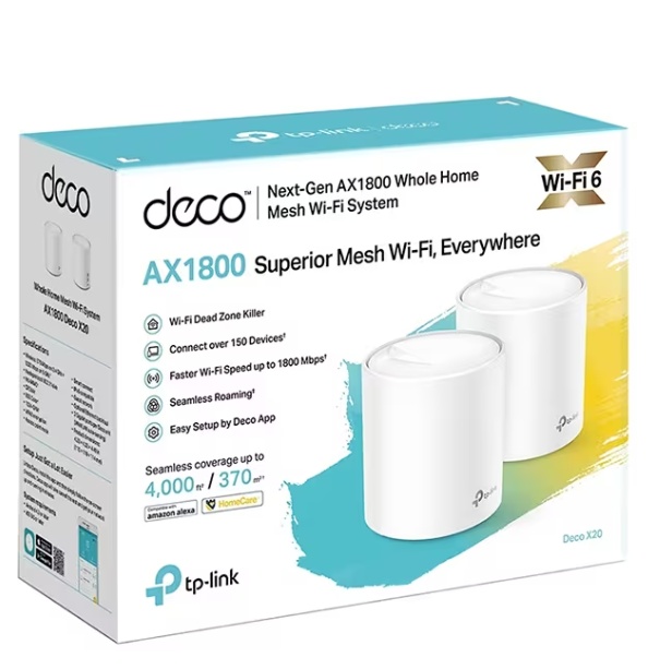 TP-Link DECO X10(2-PACK) Sistem Mesh Wi-Fi 6 Dual-Band AX1500 cu acoperire în toată locuința, Standarde wireless: IEEE 802.11ax/ac/n/a 5 GHz, IEEE 802.11n/b/g 2.4 GHz, Viteza wireless: 5 GHz: 1201 Mbps, 2.4 GHz: 300 Mbps, 2 x antene interne, pachet cu - 1 | YEO