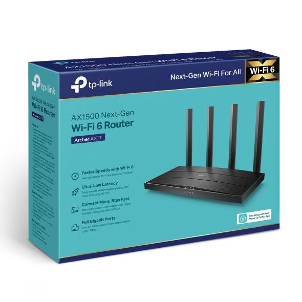 TP-Link Router Gigabit Dual-Band Wi-Fi 6 AX1500 ARCHER AX17, Standarde wireless: IEEE 802.11ax/ac/n/a 5 GHz, IEEE 802.11n/b/g 2.4 GHz, Viteza: 5 GHz: 1201 Mbps, 2.4 GHz: 300 Mbps, 4 antene fixe, Interfata: 1× port WAN Gigabit, 3× porturi LAN Gigabit,