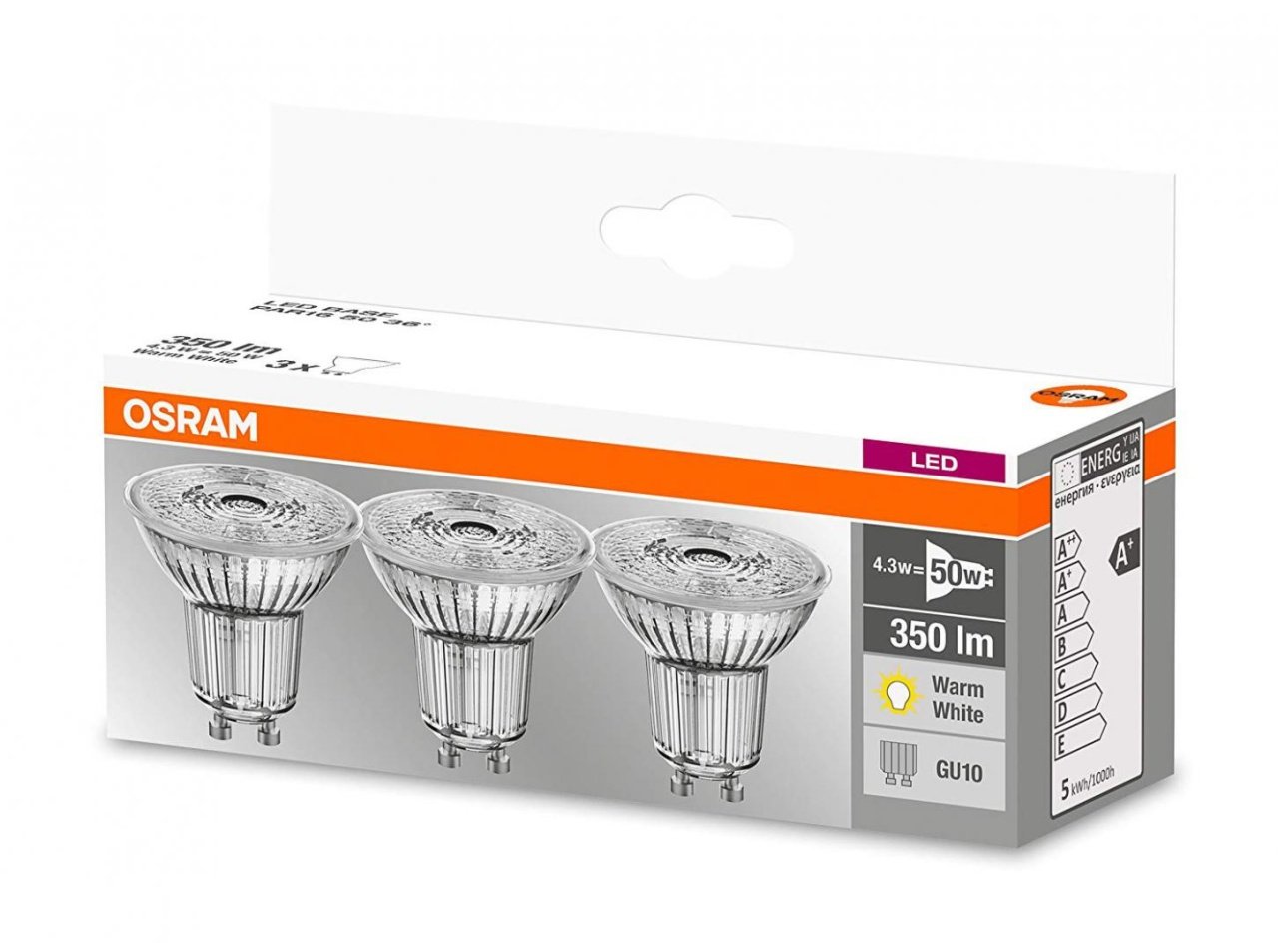 3 Becuri LED Osram Base PAR16 36°, GU10, 4.3W (50W), 350 lm, luminacalda (2700K)