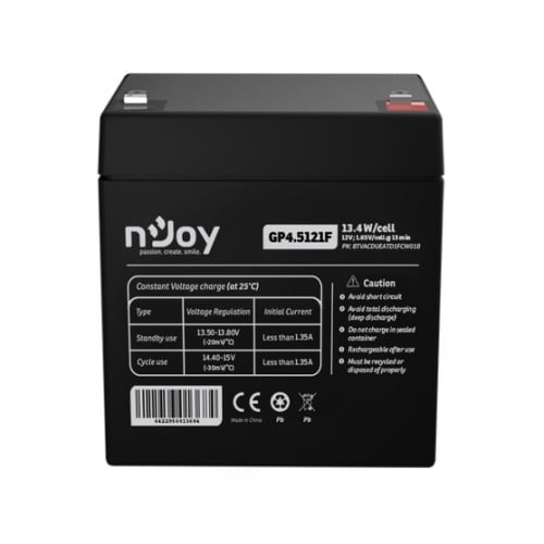 Acumulator nJoy GP4.5121F 12V Capacitate 14,95W/cell evaluat la 1.65V/cell @ 15 min, Tensiune 12V, Tip VRLA, Caracteristici Sigilata complet si fara intretinere, Peste 260 de cicluri la 100% DOD, Utilizare standard 3-5 ani, Auto-descarcare redusa,