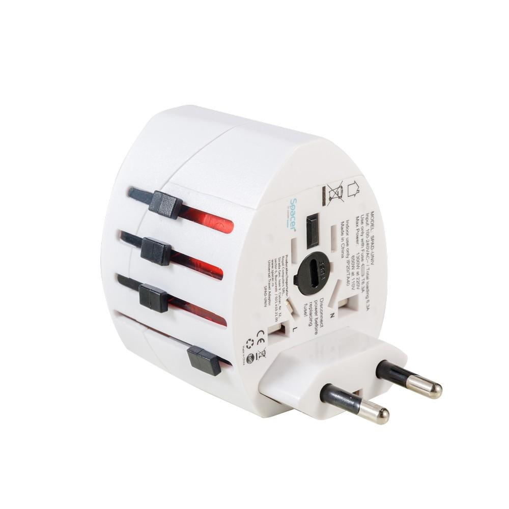 Adaptor universal Spacer SPAD-UNIV - Compatibil cu peste 150 de țări, 2 porturi USB - 1 | YEO