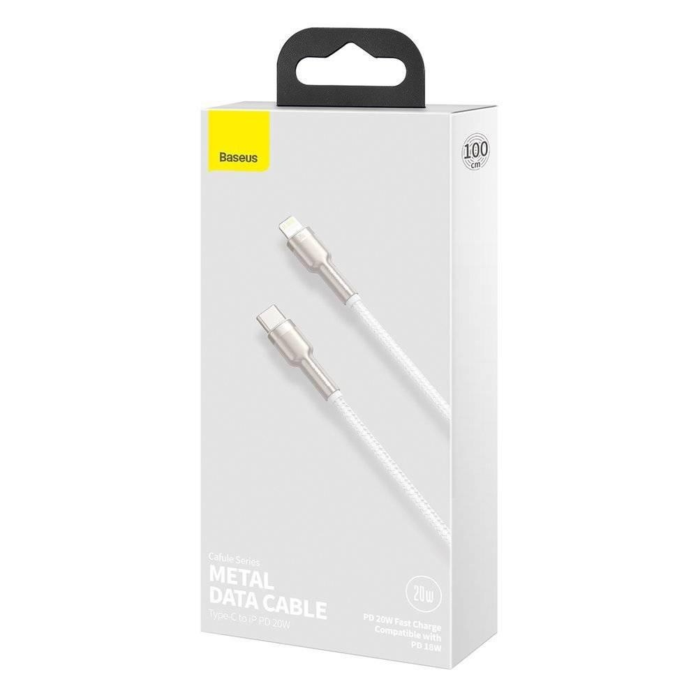 CABLU alimentare si date Baseus Cafule Metal, Fast Charging Data Cable pt. smartphone, USB Type-C la Lightning Iphone PD 20W, brodat, 1m, alb - 3 | YEO