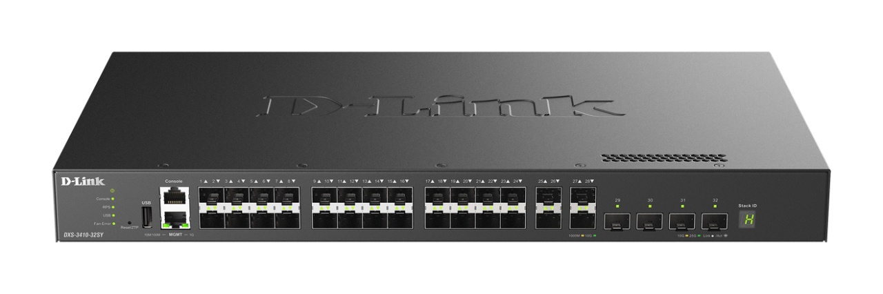 D-Link Switch L3 Managed 32 porturi DXS-3410-32SY, Dimensiuni:441.0 x 250 x 44.0 mm , Capacitate Switch: 760Gbps, 1 x USB 2.0 T, 1 x RJ-45 Console port, 1 x RJ-45 Management port, 1 x USB 2.0 port, 28 x 10G SFP+ ports, 4 x 10/25G SFP28 ports, 3