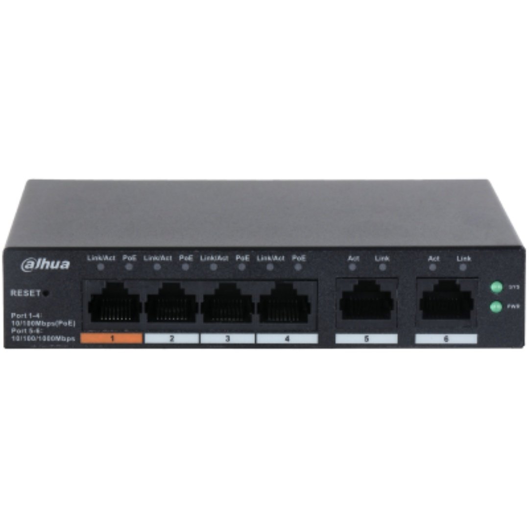 DAHUA 6 port Managed Desktop switch, CS4006-4ET-60, Interfata: Port 1-4: 4 × RJ-45 10/100 Mbps (PoE); Port 5-6: 2 × RJ-45 10/100/1000 Mbps (uplink), Managd, Layer 2, Switching Capacity: 4.8 Gbps, Packet Forwarding Rate, 3.57 Mpps, Standarde retea: - 2 | YEO