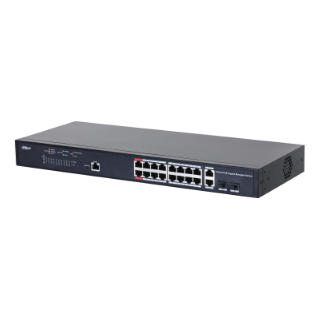 Dahua Managed Switch 18 porturi, 16 porturi POE, Gigabit, Port 1-16:16 × 10M/100M/1000MBase-T (PoE), Port 17-18:2 × 10M/100M/1000MBase-T (uplink) (combo), Port 17-18:2 × 1000M SFP (uplink)(combo), 1 × Console port, Managed L2, Capacitate switch: 56 Gbps,