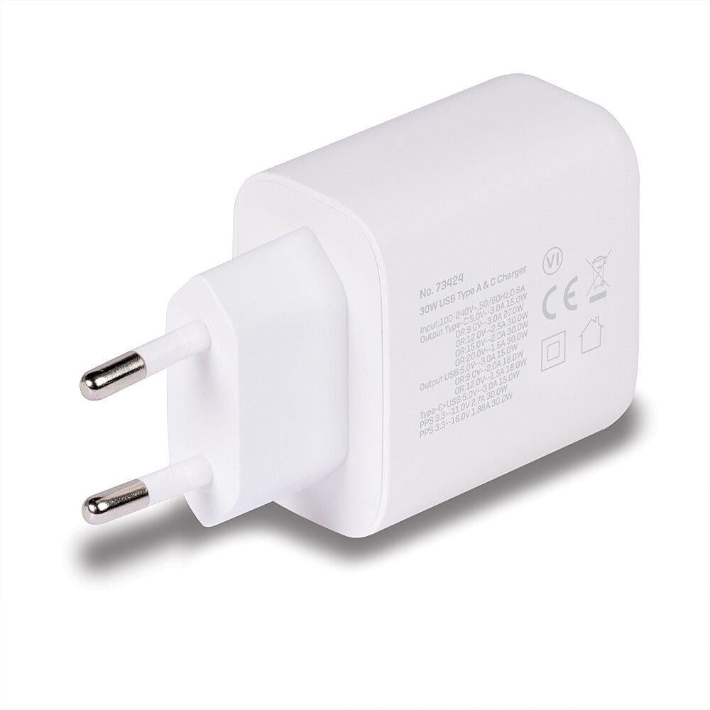 Incarcator Lindy USB A & C, 30W, putere intrare 100-240VAC, 50/60Hz 0.6A, putere iesire USB Type A: 5V 3A, 9V 2A, 12V 1.5A USB Type C: V V 3A, 9V 3A, 12V 2.5A, 15V 2A, 20V 1.5A, PPS33 11V 2.7A, PPS33 16V 1.88A USB Type A & C: 5V 3Apower, alb - 1 | YEO