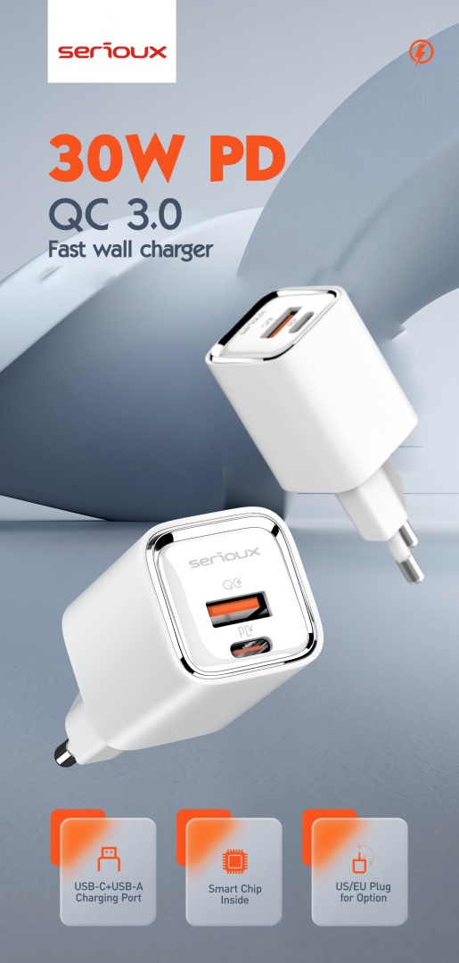 Incarcator retea Serioux 30W Quick Charge, Intrare AC100-240V~ 50/60Hz 0.7A Max, PD Ieșire: 5V-3A, 9V-3A, 12V-2.5A, 15V 2A, 20V=1.5A (30W), QC Ieșire: 5V-3A, 9V-2A, 12V=1.5A (18W), PD+QC=5V=3.6A, Total: 30W Max - 3 | YEO