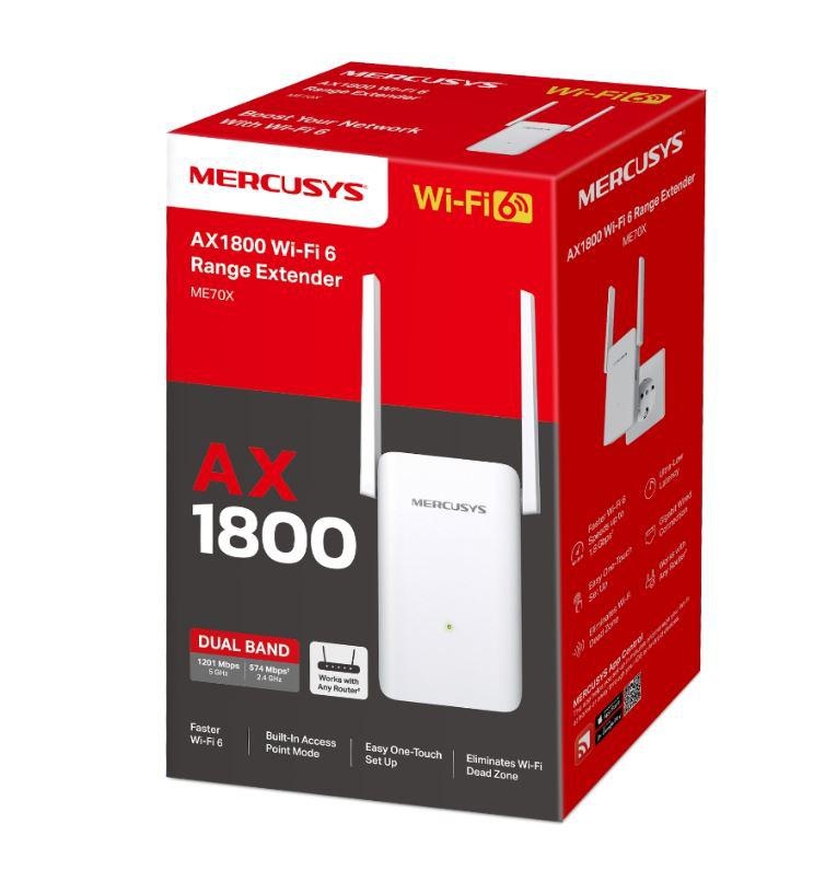 Mercusys Ax1800 Wi-Fi Range Extender ME70X; Dual-Band, Standarde Wireless: IEEE 802.11a/n/ac/ax 5GHz, IEEE 802.11b/g/n/ax 2.4GHz, Viteza wireless: 574 Mbps at 2.4GHz, 1201 Mbps at 5GHz, Interfata: 1 x Gigabit Ethernet Port, 2 x Antene externe, Consum: - 2 | YEO