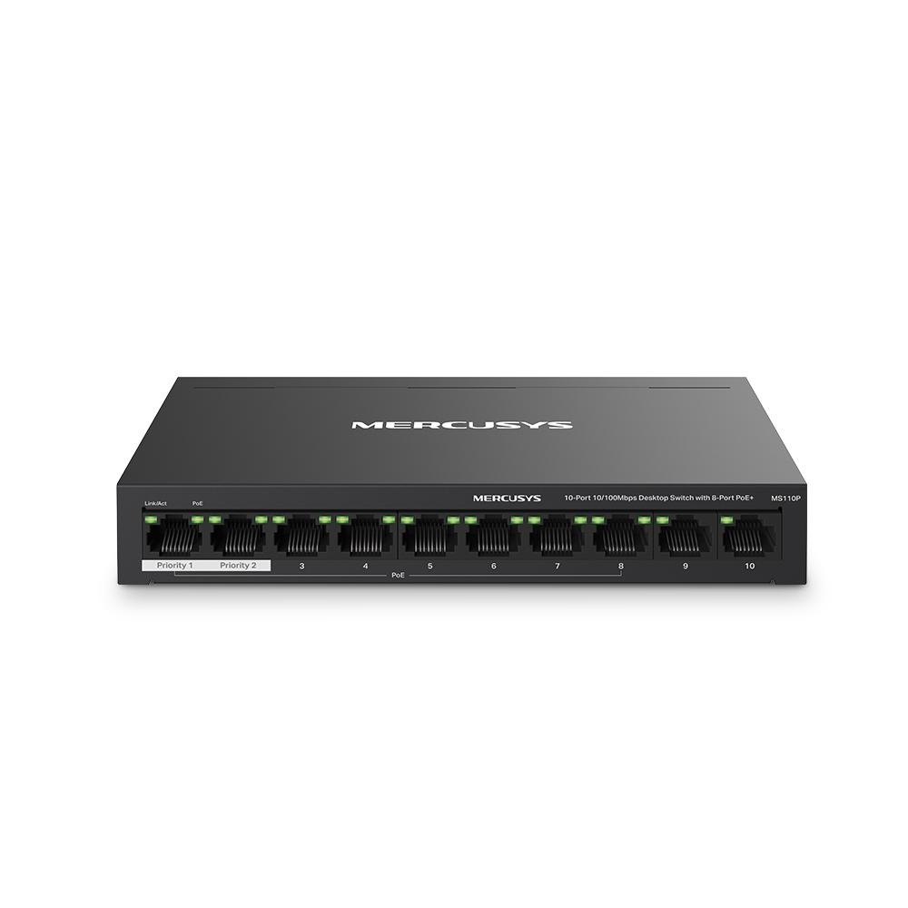 MERCUSYS DESKTOP SWITCH 10PORT MS110P POE, Interfata: 10× 10/100 Mbps, Standarde si protocoale: IEEE 802.3x Flow Control, Dimensiuni: 171*98* 27 mm, Porturi POE: 1-8, Buget POE: 65W.