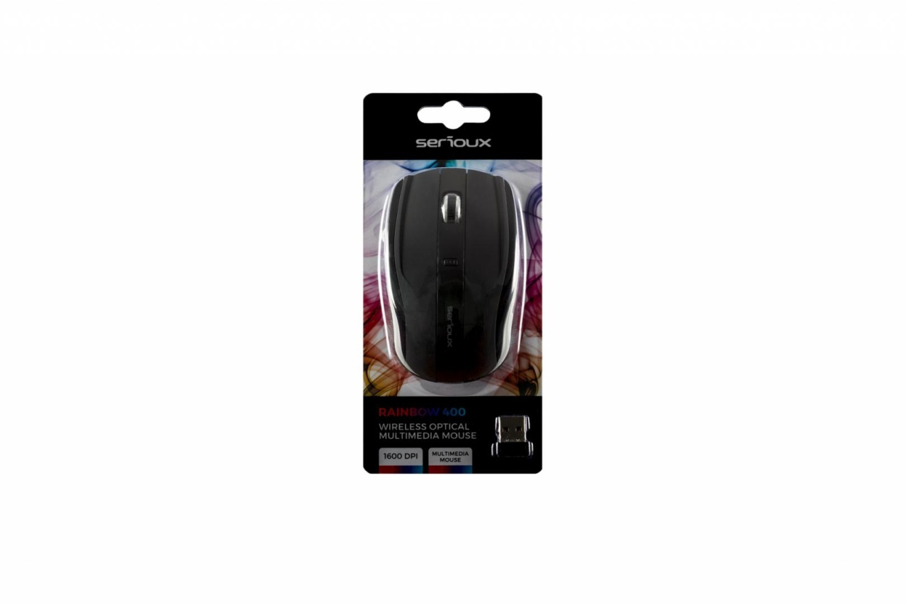 Mouse Serioux, Rainbow 400, fara fir, USB, senzor optic, distanta de operare; 10m, precizie: 1000/1600DPI ajustabila, 4 butoane, 2x baterie AAA, sisteme de operare: Windows / Mac OS / Linux, negru