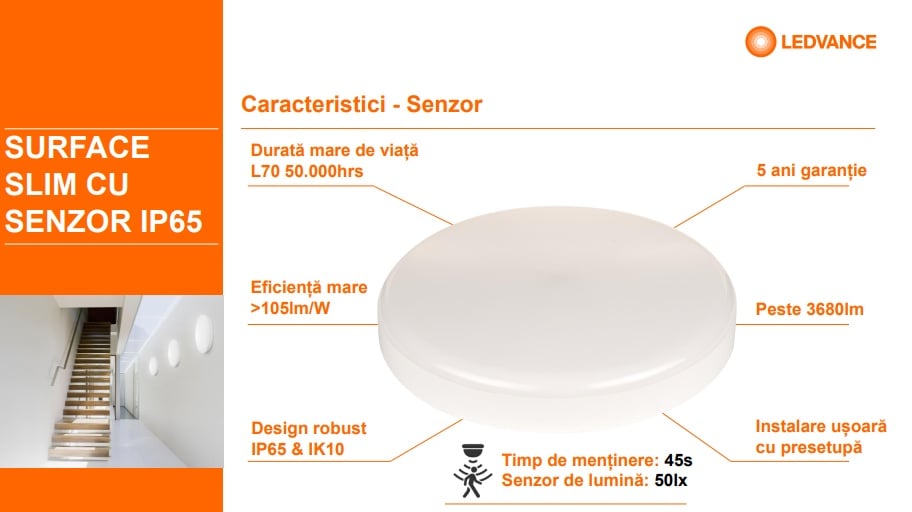 Plafonieră LED exterior cu senzor de mișcare - LEDVANCE Surface Slim Square 260, 26W, 2730 lm, IP65 - 2 | YEO