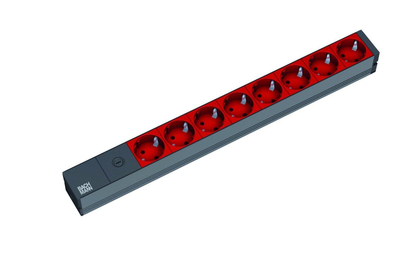 Prelungitor Bachmann PDU 19 1HE 8x prize Schuko, IEC -C14,1U, impamantare, siguranta 10A, lungime cablu 2 metri, RAL 3020, aluminiu, rosu